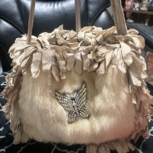 Phoebe and Josephine Beige Faux Fur Butterfly Accent Tote Bag